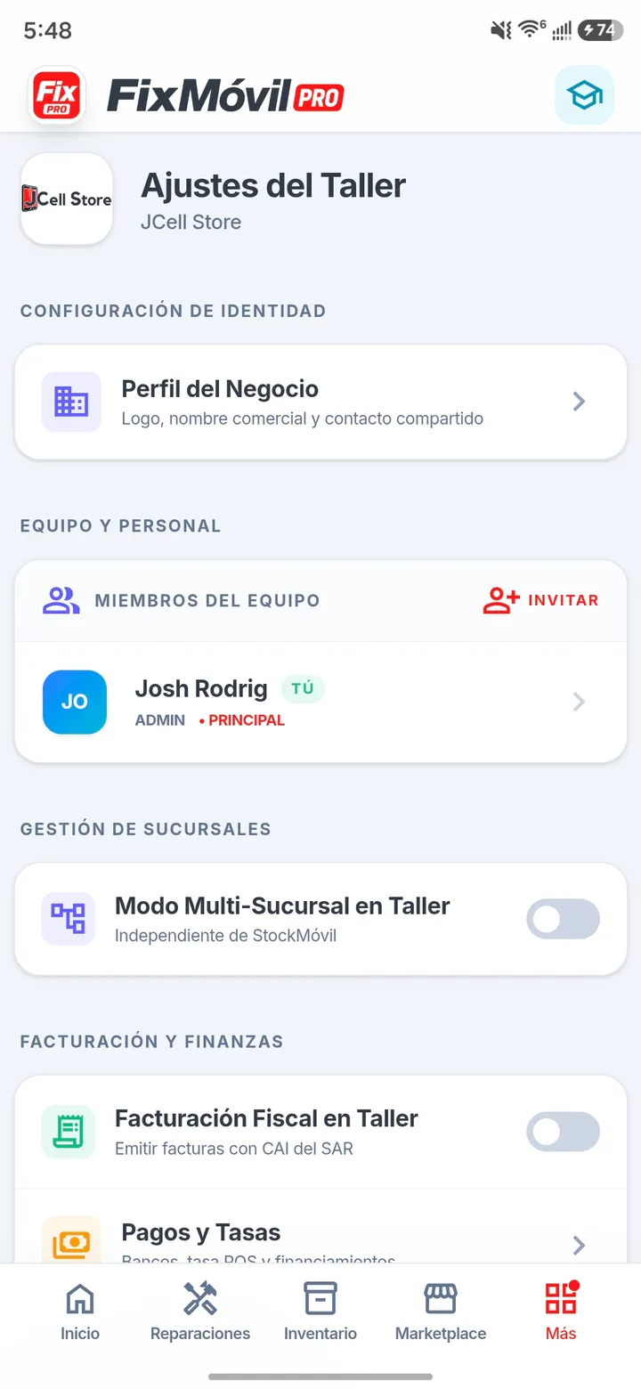 Ajustes del Taller, Sucursales y Facturación